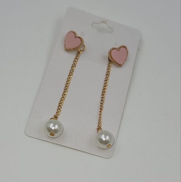 Pink Hearts and pearl dangling earrings, gold hardware - Picture 3 of 6